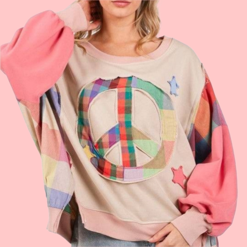 SAGE + FIG Contrast Peace Patch Dropped Shoulder Sweatshirt Size Small